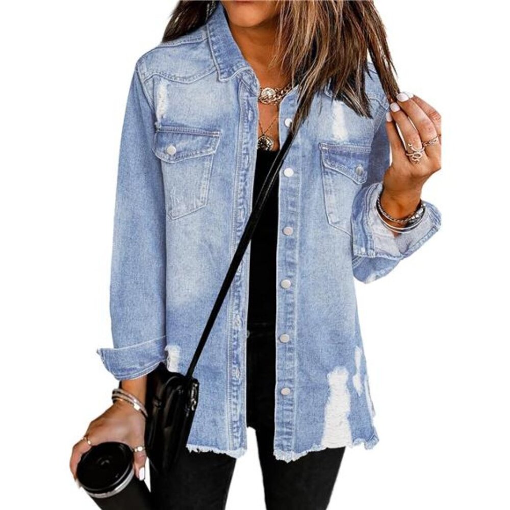 Jean Jacket Frayed Washed Button Fall Denim Oversize Casual Fashion